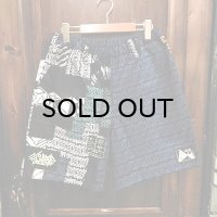 {NO MAD NUMSKULL} ORIGINAL PATTERN SHORT PANTS / LOGO2&PATCHWORK / BLACK×BLUE / (L)