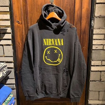 画像1: {THRIFTY LOOK} "WORN-OUT" BAND HOODIE / Yellow Smily