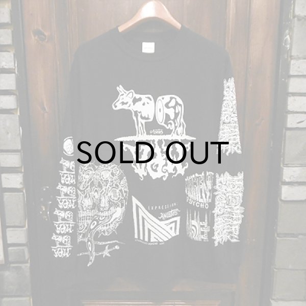 画像1: {MOMENTARY PSYCHO ART} "MULTI PRINT" L/S T-SHIRTS / BLACK / (M) / "COW LOGO" (1)